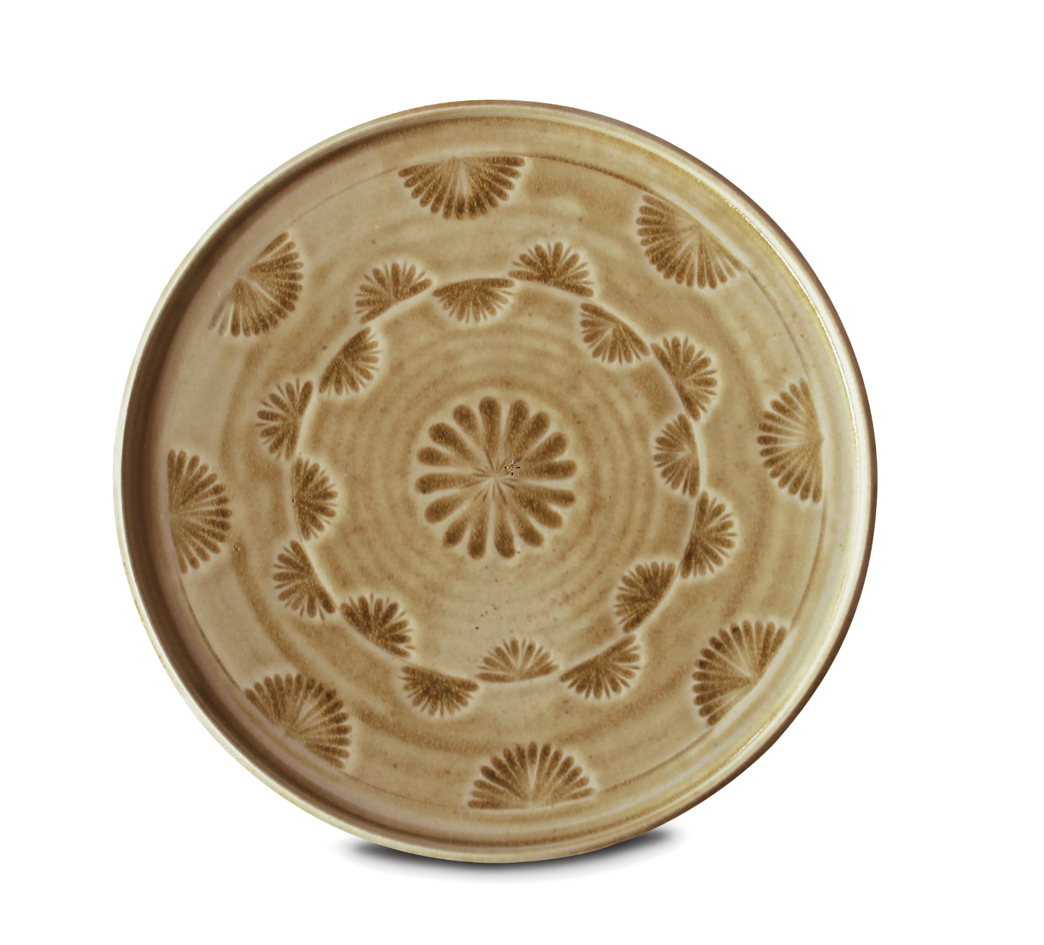 6 Kiku plate, 11¾ in. (30 cm) in diameter, white stoneware, pine-ash glaze, 2018.