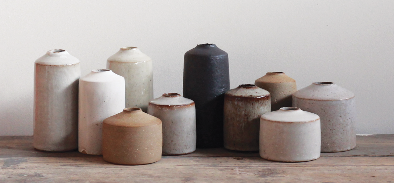 5 Core vases, varied sizes, stoneware, terra cotta, feldspathic stone, 2016.