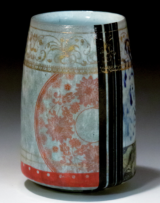 2 The Golden Rim; It’s a still a job, 5½ in. (14 cm) in height, slip-cast porcelain, underglaze, overglaze decals,  soda fired to 2361°F (1294°C), 2015.