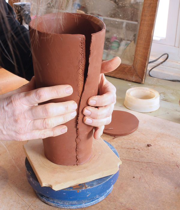 2 Cut a bevel on the shorter curved edges, score and apply slip to the bevels, and then press the edges together.