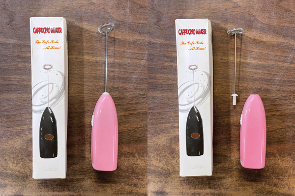 1 Milk frothers, shown assembled on the left and with detachable wand removed on the right, purchased from Amazon. 