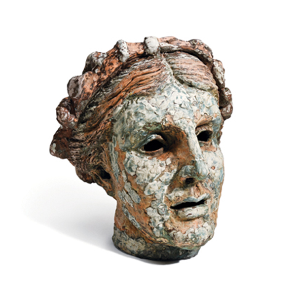 2 Thalia, Muse of Comedy, Head, 15 in. (39 cm) in height, natural clay, epoxy clay, metals, acids, 2021. 