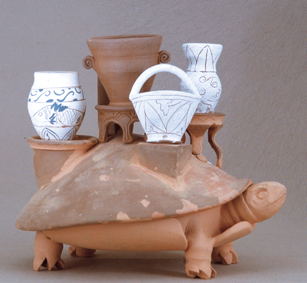 4 Jealous Potter, 9½ in. (24 cm) in height, wheel-thrown and constructed, additional pots: Cizhou, Greek, Chinese vase in the shape of a basket, 1991. 