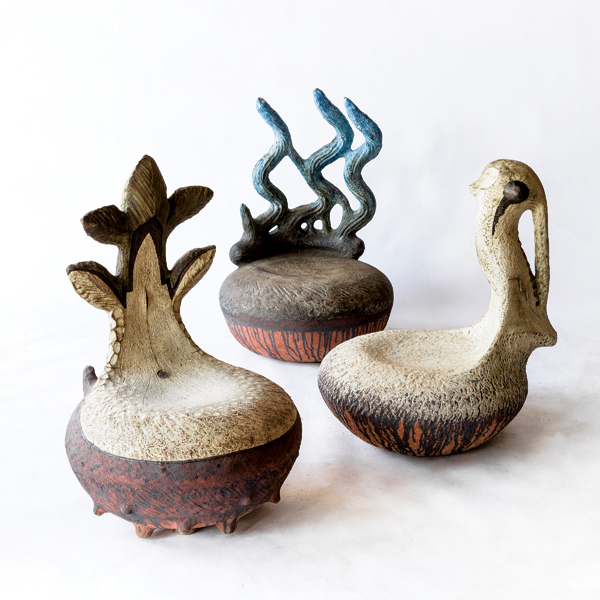 11 Andile Dyalvane’s uTyani (Vegetation), iMpepho (Clary Sage), uMalusi (Shepard), iThongo (Ancestral Dreamscape) series, 38 in. (97 cm) in height (each), earthenware forms, 2020. Images courtesy of Adriaan Louw, Southern Guild, and Friedman Benda.