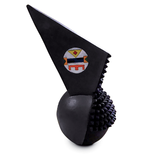 3 Black Calabash Sculpture. Seated on a classic calabash form, this Zulu Goth piece adds a flying buttress decorated with an iziqhaza earplug design and rows of square studs. 