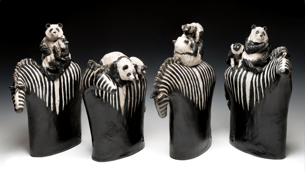 10 Zebra, Lemur, Panda, 10 in. (25 cm) in height, slab-built stoneware, raku fired, crackle glaze, 2018. Commissioned by the Calgary Zoo. Photo: Carlos Jones.