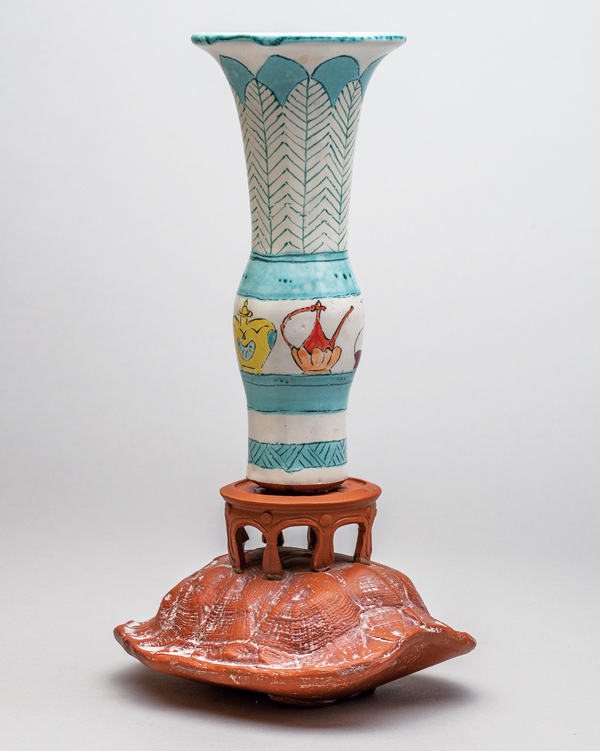5 Jealous Potter II, 11½ in. (29 cm) in height, wheel-thrown, altered, and press-molded earthenware, terra sigillata, majolica with stain, 2000. Private collection. 