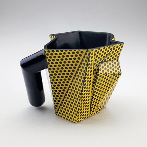 18 Yellow Dotted Fracture Mug V.2, 5 in. (13 cm), slip-cast porcelain, underglazes, fired to cone 5 in oxidation, 2022.