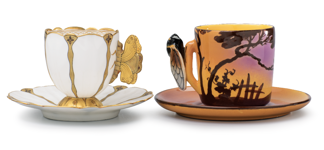 3 Saint Jean du Désert’s cups and saucers, porcelain, gold, 1900. Lionel Latham collection. 