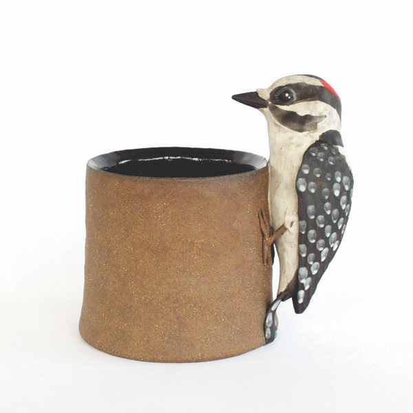 1 Sarah Conti’s Downy Woodpecker Handled Cup, 4 in. (10 cm) in height, stoneware, underglaze, glaze, 2022.