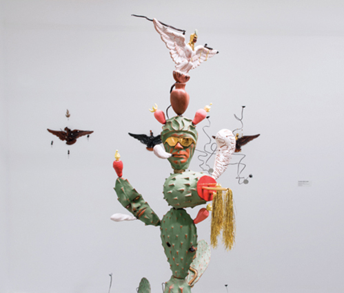 8 La resistencia de los nopales híbridos (The resistance of hybrid cacti) series (detail), 8 ft. (2.4 m) in height, terra cotta, porcelain, underglazes, gold luster, terra-cotta slip, 2016. Photo: Jenna Bascom, courtesy the Museum of Arts and Design.