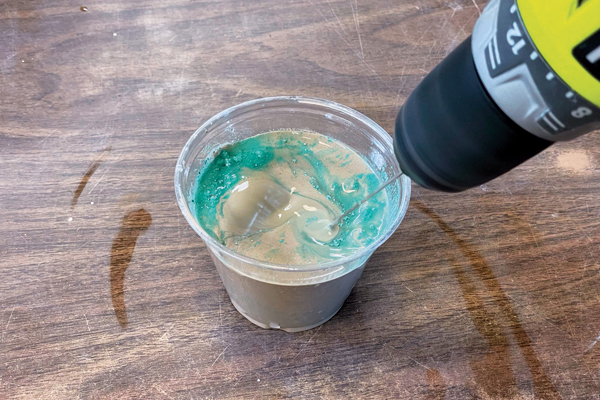 3 Use the frother and drill to mix small, 100-gram glaze tests. 
