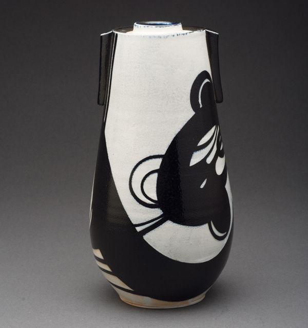 2 Vase with handles, porcelain, slips, glaze, soda fired. 