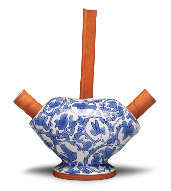 10 Blue and White Tulipiere, 9 in. (23 cm) in height, wheel-thrown, altered, and constructed earthenware, majolica, on-glaze, colored glaze decoration, 1983.