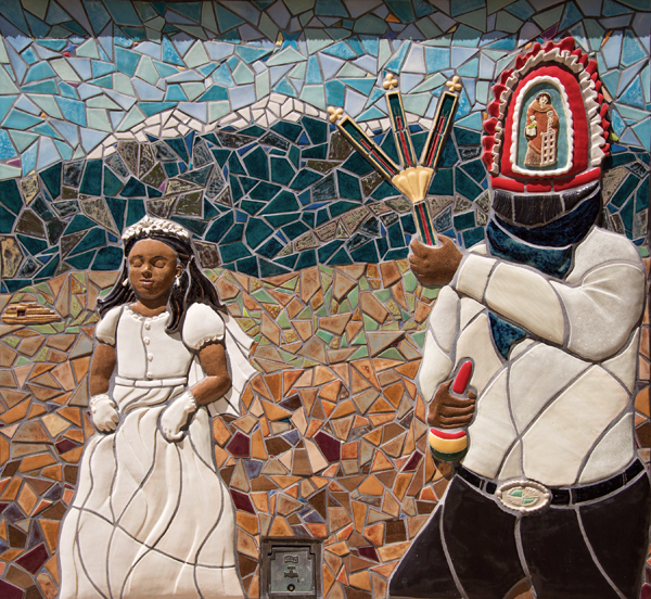 6 ALMA Summer Institute’s Dance of the Matachines (detail), 300 square feet (91 square meters), clay, glaze, mortar, and grout. Photo: Keith Scott. 