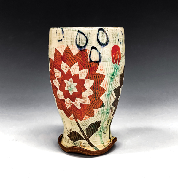 1 Dahlias in the Rain Tumbler, 6 in. (15 cm) in height, red earthenware, underglaze, slip, paper resist, fired to cone 1, 2021.