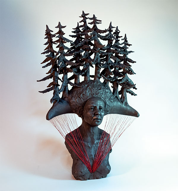 10 Ancestor I, 3 ft. 5 in. (1 m) in height, handbuilt stoneware, built solid with armature then hollowed out, once fired to cone 4 in an electric kiln, terra sigillata with graphite rubbed on post firing, embroidery thread stiffened with glue, 2018. Photo: Misael Martínez.