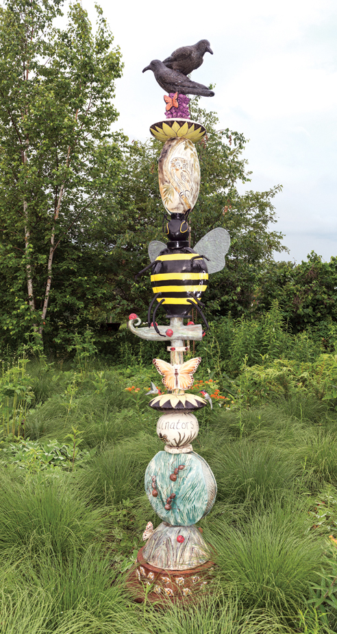 3 Cher Rusling, Susan Salmeron, and Donna Williams’ Pollinators in Alvar Grassland, wheel-thrown and handbuilt stoneware, mixed media, fired to cone 6 in an electric kiln or cone 10 reduction in a gas kiln. Photo: Jeri Hollister.