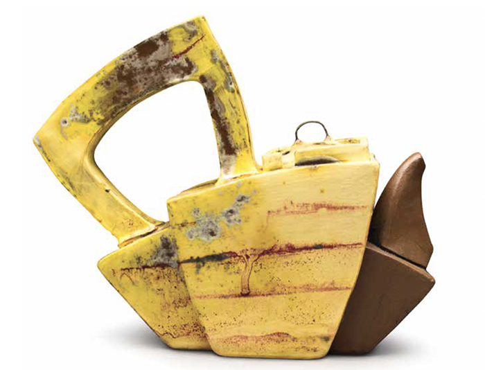 3 Teapot, 8½ in. (22 cm) in height, slab-built earthenware, terra sigillata, Mason stains, Ferro frit 3124, nichrome wire, fired to cone 1 in oxidation, 2016.