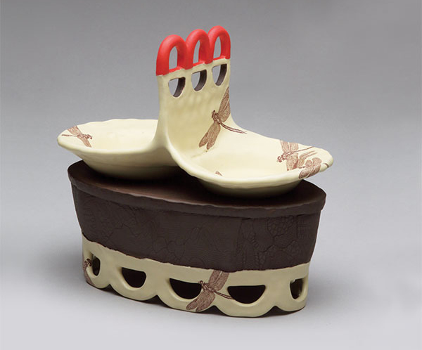 Ashley Kim’s Elevated Tray, 12 in. (30 cm) in height, draped and pinched white clay with underglazes, glazes, decals, fired to cone 5, 2021.