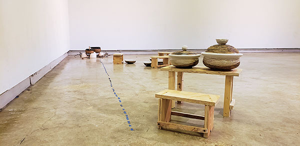 1 Japheth Asiedu-Kwarteng’s As a Result of My Responsibilities, 11 ft. 2 in. (3.4 m) in width, ceramic, wood, 2020. 