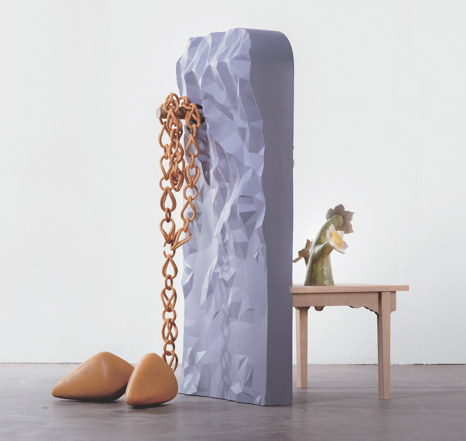 1 Audrey An’s Still Life Chair, 4 ft. (1.2 m) in height, handbuilt stoneware, gas fired to cone 04, CNC-milled foam, plywood, 2022. Photo: Andrew Castañeda.