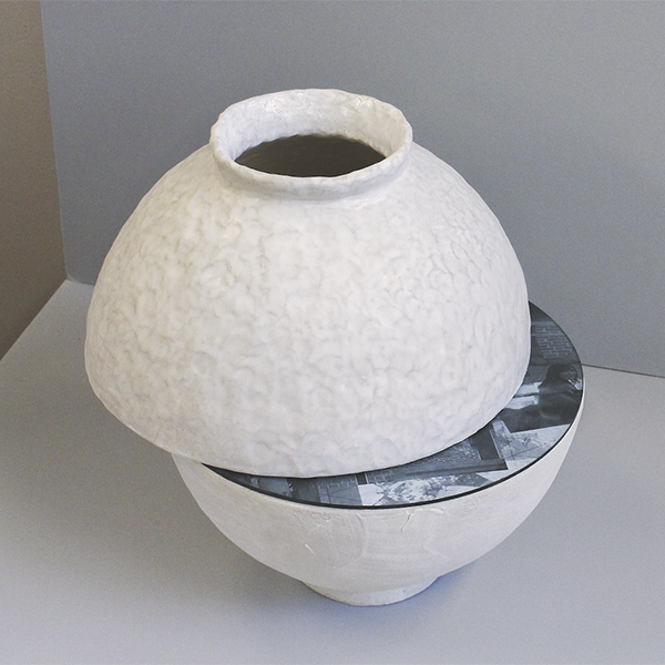 2 Audrey An’s Memory Moon, 16 in. (41 cm) in height, handbuilt stoneware, fired to cone 04, black-and-white digital collage, Plexiglas, 2021. 