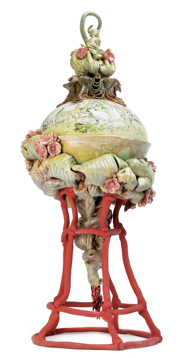 2 Matt Becker’s Fableware: Spring, 36 in. (91 cm) in height, stoneware, fired to mid-range temperature in oxidation, 2021. 