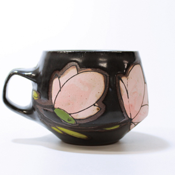 6 Black Magnolia Mug, 3 in. (8 cm) in height, wheel-thrown Georgie’s Trail Mix Toast clay, underglaze, glaze, fired to cone 6, 2022.