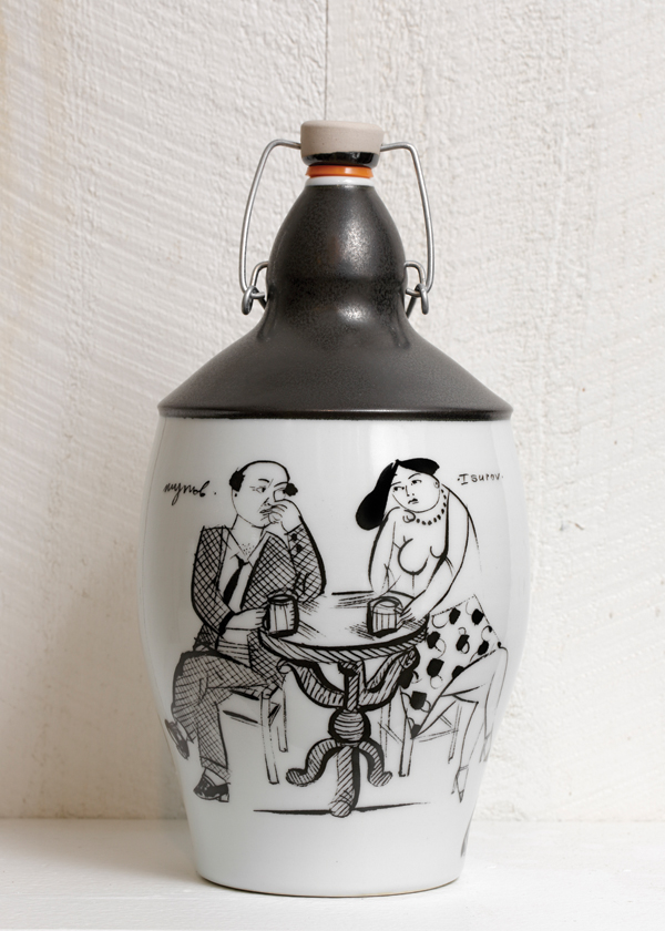 3 Bradley Klem’s growler featuring graphics by Sergei Isupov, 13 in. (33 cm) in height (holds 64 oz.), porcelain, ceramic decal, 2015.