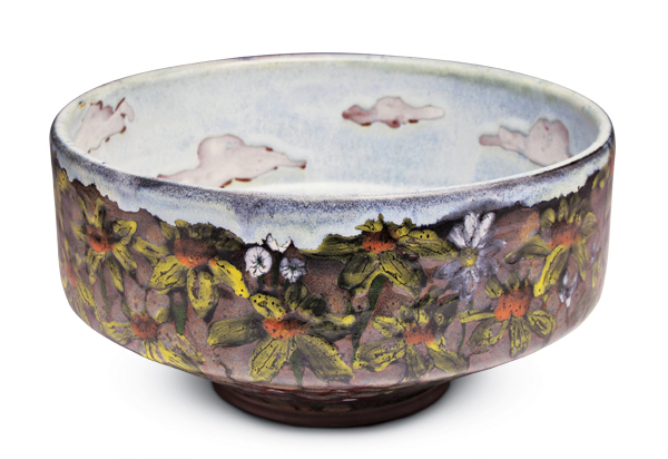 2 Beautiful Spring Day Serving Bowl, 11 in. (28 cm) in width, red stoneware, multiple glazes, wax resist, fired to cone 6 in oxidation, 2020. 
