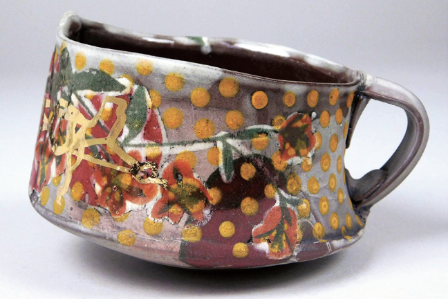 10 Breana Ferreira’s Short Spring Mug, 5 in. (13 cm) in width, slab-built cone-5 brown stoneware, slip, underglaze, luster, 2021.