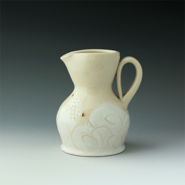 Pitcher, wheel-thrown and altered porcelain, sgraffito decorated underglaze, glaze, fired to cone 6, luster, fired to cone 018, 2015.