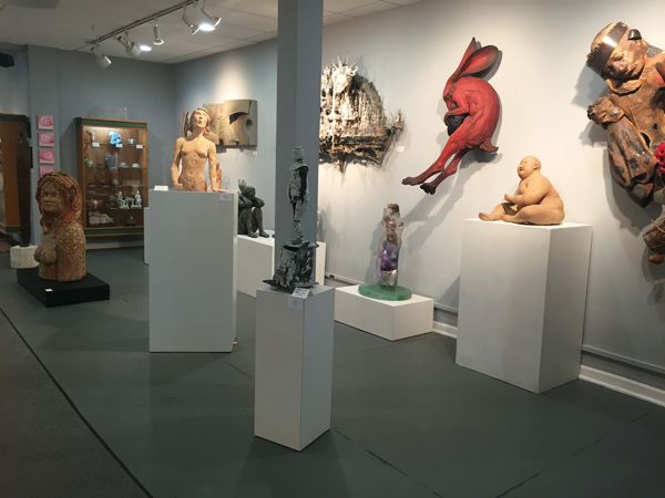 Ceramic sculpture from Candice Groot’s collection on view in “Fire & Form: Fine Art and Ceramics Part I” prior to an auction at Treadway Toomey Auctions in April 2016. Foreground, left to right: works by Michael Ferris Jr., Beverly Mayeri, Edward Eberle, Christina Bothwell, Beth Cavener, Esther Shimazu, and Arthur Gonzalez.