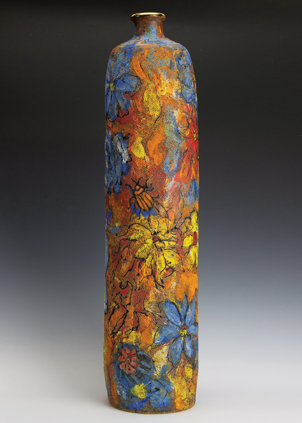 1 Janet Burner’s Provence, 21 in. (53 cm) in height, stoneware, underglazes, fired to cone 10 in reduction, luster, 2022. 