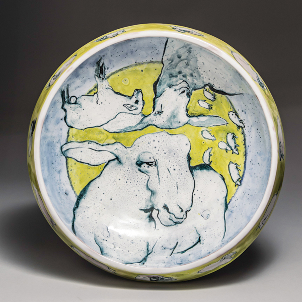 5 Sue Kolbe’s Farmer Straw’s Ewe, 15½ in. (39 cm) in diameter, wheel-thrown terra cotta, double majolica, painted decoration, fired to cone 03, 2010. Photo: Todd Babos.