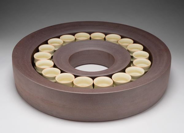 JJ Double-Walled Carrier, Mt. Alban Series, 20¾ in. (53 cm) in diameter, stoneware carrier, 18 porcelain cups, 2013.