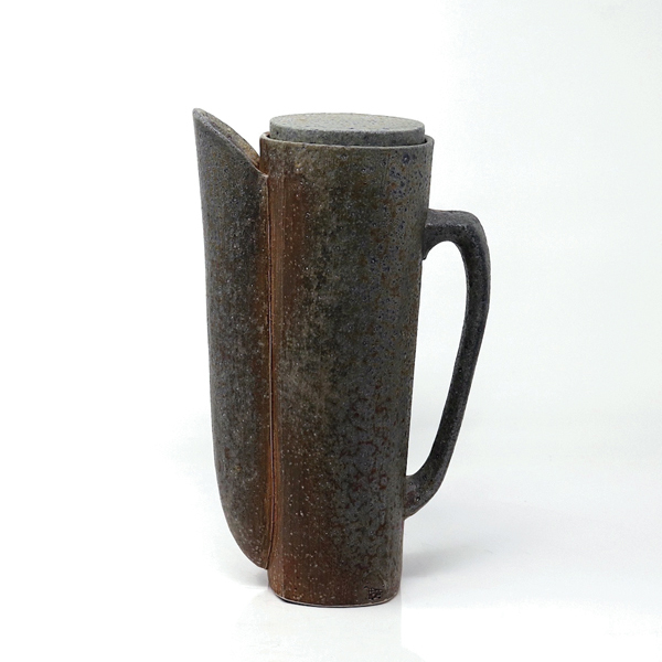 1 Lidded pitcher, 10 in. (25 cm) in height, porcelaneous stoneware, celadon liner glaze, soda fired to cone 10, reduction cooled to 1666°F (908°C), 2021.