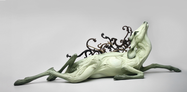 2 Obariyon, 3 ft. 10 in. (1.2 m) in length, stoneware, antique hooks, 2013.