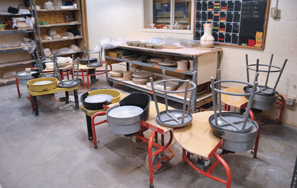 5 CCC studio space with Soldner and Brent wheels and Bailey Pottery Equipment handbuilding table, 2016. 