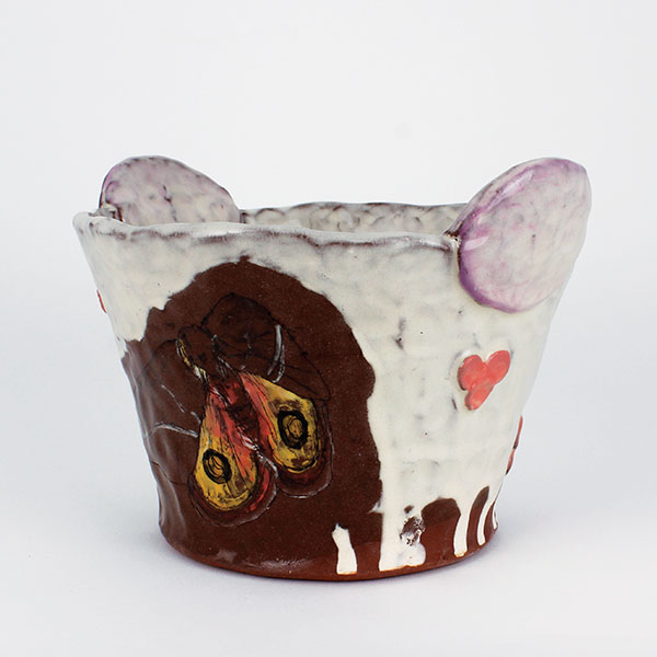 6 Moth Planter, 6½ in. (17 cm) in length, mid-range red stoneware, colored slips, underglazes, fired to cone 6 in an electric kiln, 2021