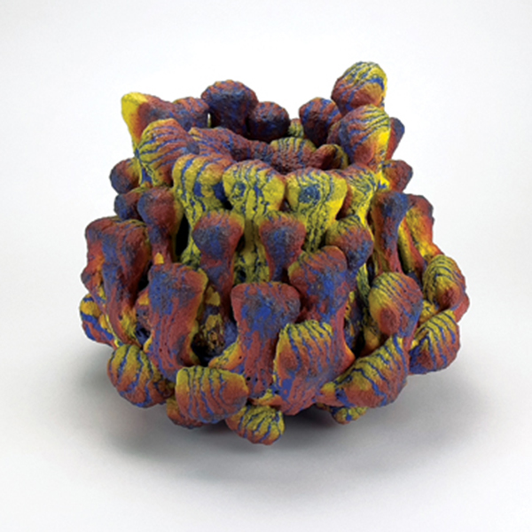 1 Cory Brown’s Nerikomi Foam Vessel, 9½ in. (24 cm) in height, cone-6 stoneware, glaze, glaze foam, multiple firings.