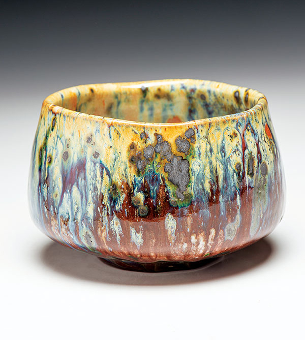 9 Teabowl/Chawan, 4 in. (10 cm) in height, Oni-glazed with 9 glazes (application methods included dipping, pouring, brushing, trailing, and spraying); dry shakings of wood ash, volcanic ash, colorants, fluxes, and frits; reduction fired in a gas kiln to cone 9–10. 