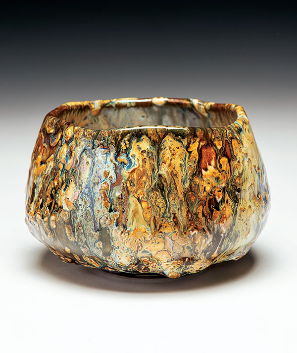 5 Teabowl/Chawan, 3¾ in. (10 cm) in height, Oni-glazed with 10 glazes (application methods included dipping, pouring, brushing, trailing, and spraying); dry shakings of wood ash, volcanic ash, colorants, fluxes, and frits; reduction fired in a gas kiln to cone 9–10. 