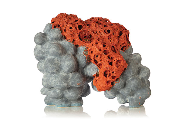 5 Cocoon Cloud Blue Orange Fizz, 17 in. (43 cm) in length, stoneware, glaze, 2019. Courtesy of Jason Jacques Gallery.