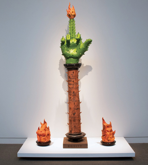 5 A Hand Gesture to Systemic Racism: Al que le quede el saco que se lo ponga, 8 ft. (2.4 m) in height, earthenware, stoneware, black stain, underglaze, glaze, wood, steel, graphite, latex paint, 2022.