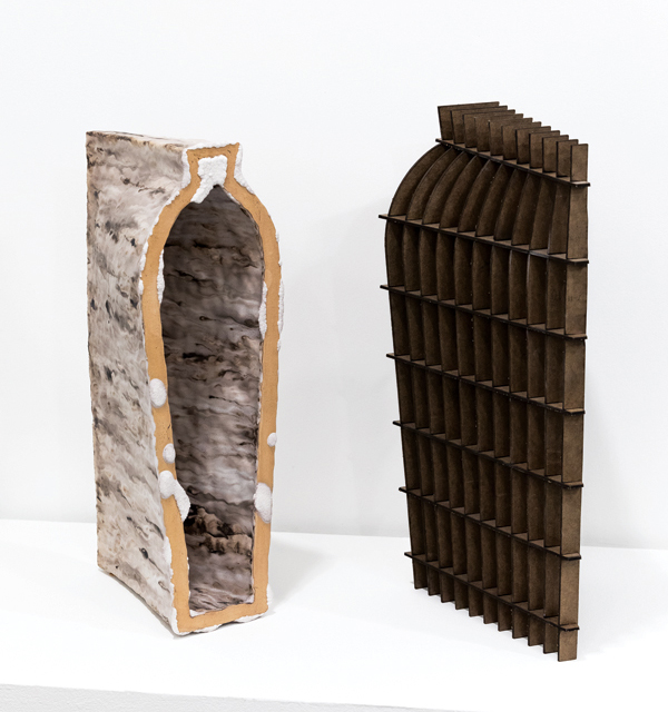 6 ChengOu Yu’s Void Form I and II, 16 in. (41 cm) in height, handbuilt stoneware, glaze, multiple firings to cone 6 in oxidation, laser-cut Masonite, 2020. 