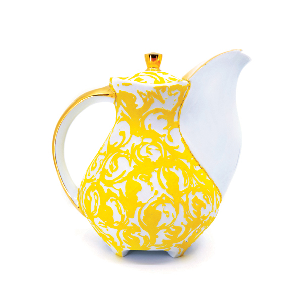 2 Yellow and white etched lidded pitcher, 13 in. (33 cm) in height, wheel-thrown and water-etched colored porcelain, glaze, fired to cone 10 in reduction, luster. 