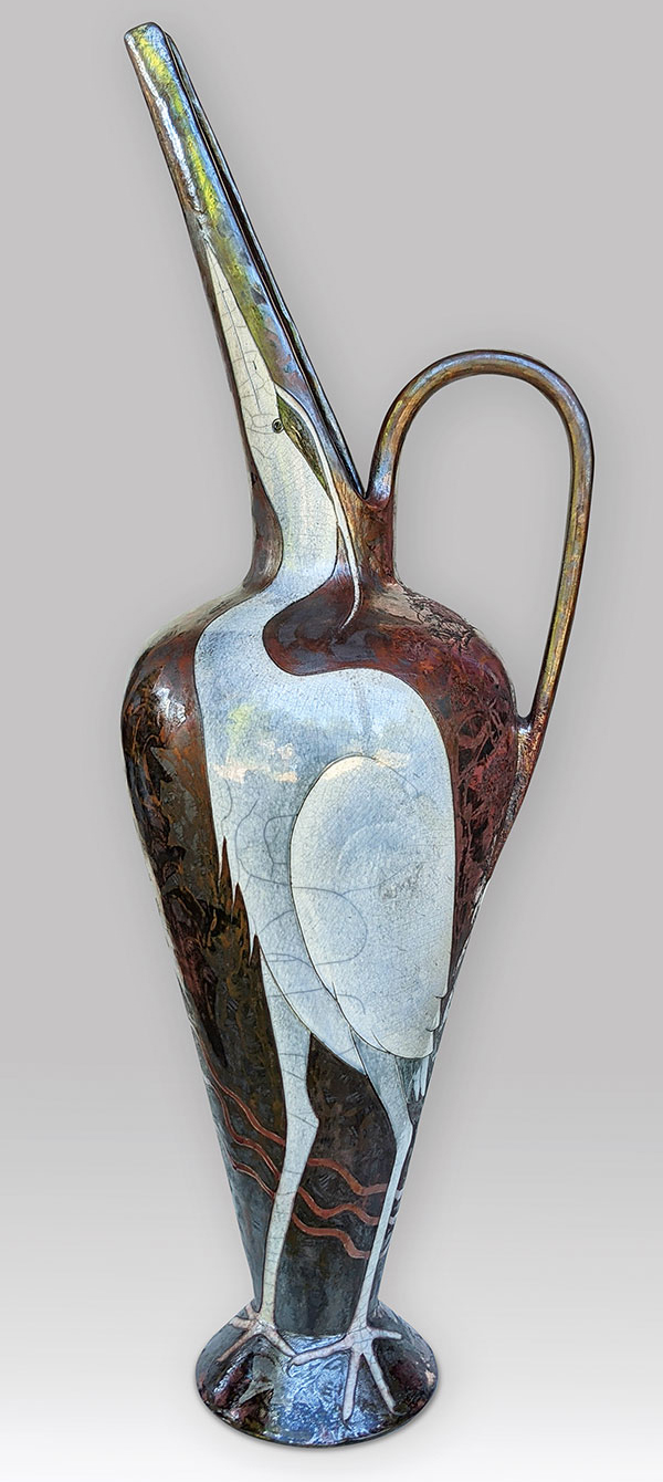 3 Boni and Dave Deal’s Egret Ewer, 4 ft. 1 in. (1.2 m) in height, wheel-thrown and assembled ceramic, raku fired, 2021. 
