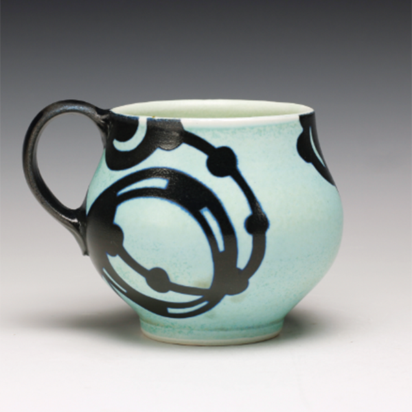 11 Mug, 4½–5 in. (11–13 cm) in height, porcelain, slips, glazes, soda fired, 2022. Photo: Schaller Gallery.